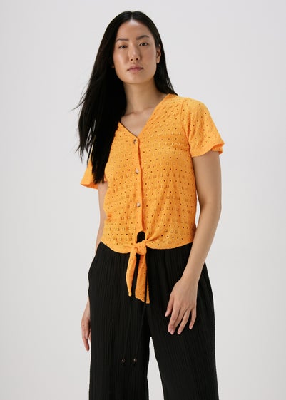 Yellow Tie Waist Broderie Jersey Top