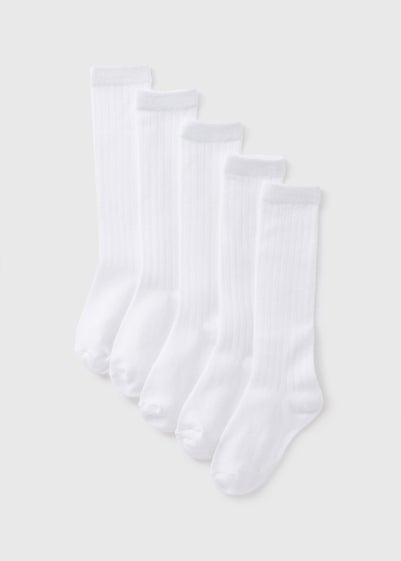 5 Pack Kids White Ribbed Knee High Socks (Younger 6-Older 5.5)