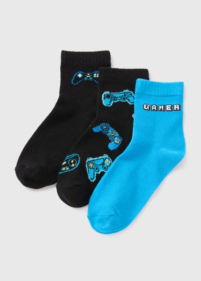 3 Pack Boys Black Gamer Socks (Younger 6-Older 6.5)