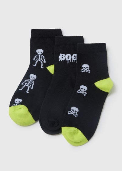 3 Pack Boys Black Skeleton Socks (Younger 6-Older 6.5)