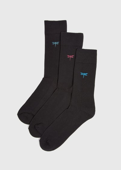 3 Pack Black embroidered Dragonfly Socks