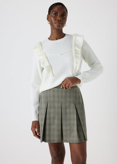 Brown Check Pleated Skirt