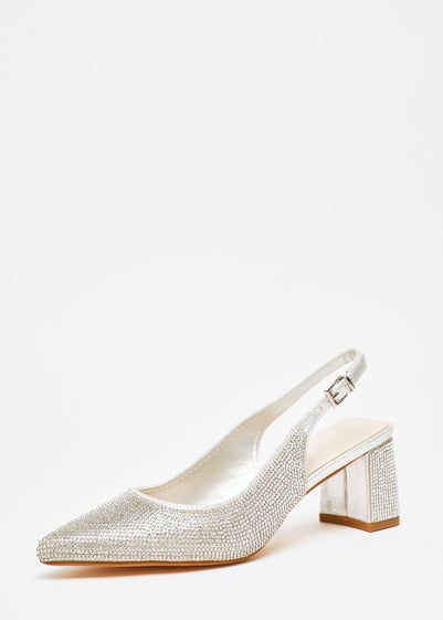 Quiz Silver Diamante Slingback Block Heel