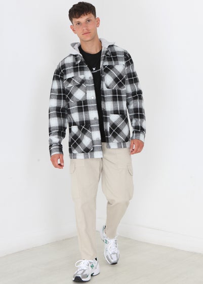 Brave Soul Black Checked Shacket With Jersey Hood