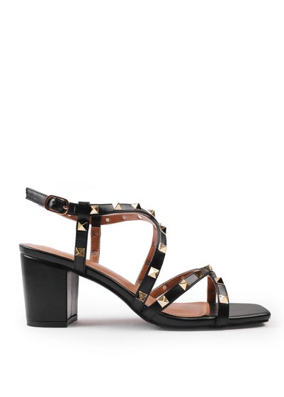 Where's That From Black PU Intense Stud Detail Block Heel Sandals