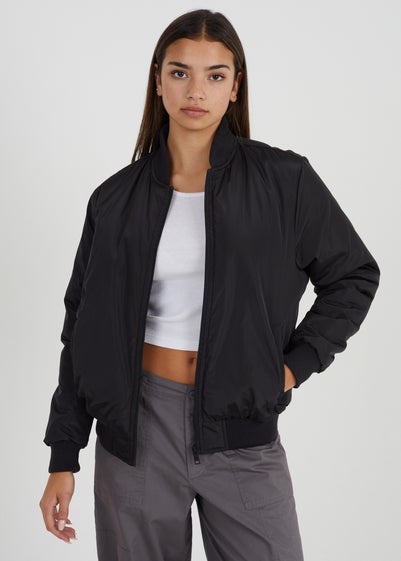 Brave Soul Black Brazil Ruched Sleeve Oversized Bomber Jacket