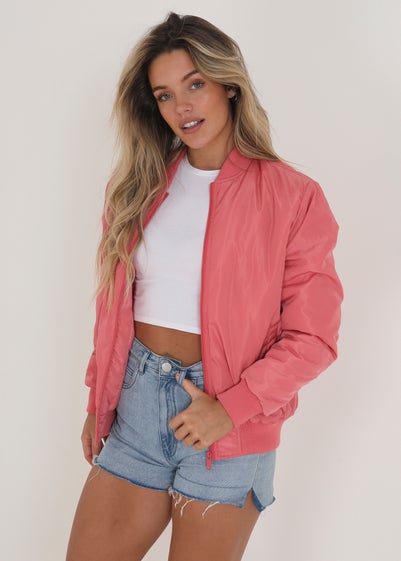 Brave Soul Pink Brazil Ruched Sleeve Oversized Bomber Jacket