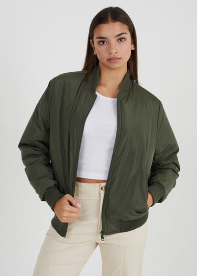 Brave Soul Khaki Ruched Sleeve Oversized Bomber Jacket