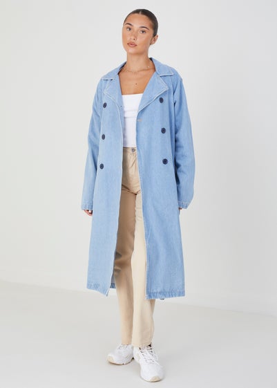 Brave Soul Blue Double-Breasted Longline Trench Coat with Raglan Sleeves