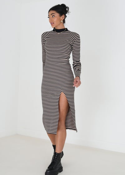 Brave Soul Black Cotton Blend Sloane Midi Rib Knit Stripe Dress with Split