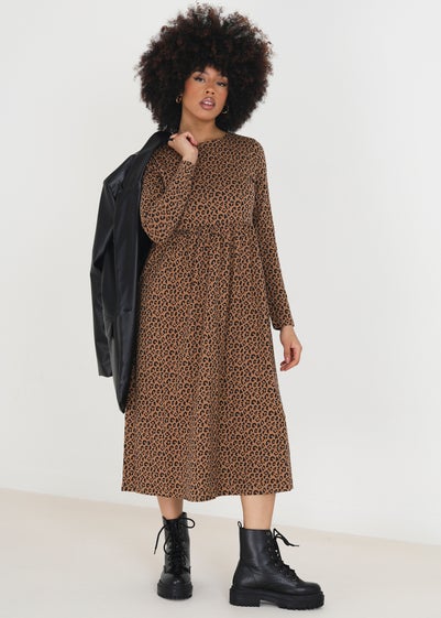 Brave Soul Tan Cotton Animal Print Long Sleeve Midi Smock Dress