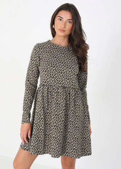 Brave Soul Light Grey Cotton Animal Print Long Sleeve Mini Smock Dress