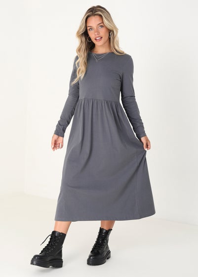 Brave Soul Grey Cotton Marge Long Sleeve Midi Smock Dress