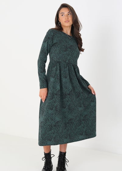 Brave Soul Green Cotton Animal Print Long Sleeve Midi Smock Dress