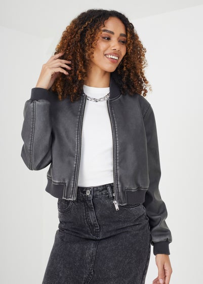 Brave Soul Black Vintage PU Benoite Cropped Bomber Jacket