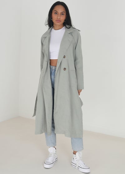 Brave Soul Soft Green Double-Breasted Longline Trench Coat with Raglan Sleeves