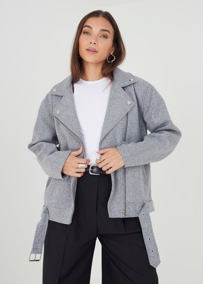 Brave Soul Grey Faux Wool Oversized Biker Style Jacket