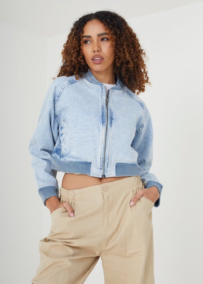 Brave Soul Light Blue Cropped Denim Bomber Jacket