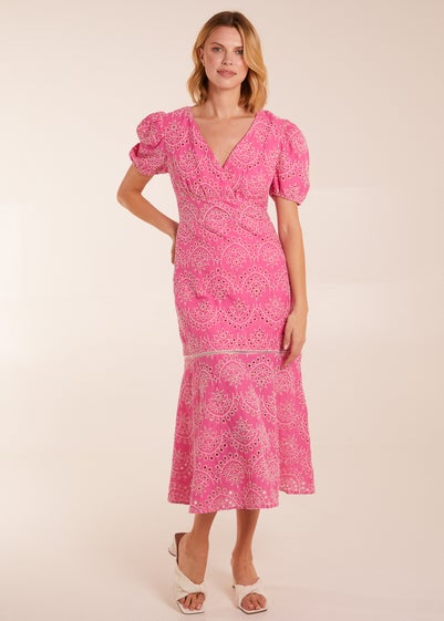 Blue Vanilla Pink Broderie Anglaise Puff Sleeve Midi Dress