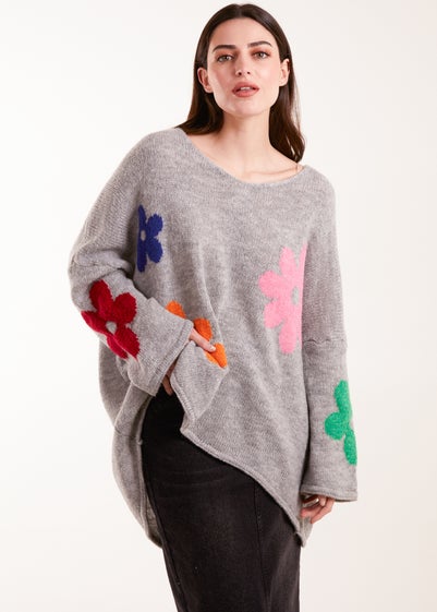 Blue Vanilla Grey Multi Coloured Daisy Flower Print Jumper