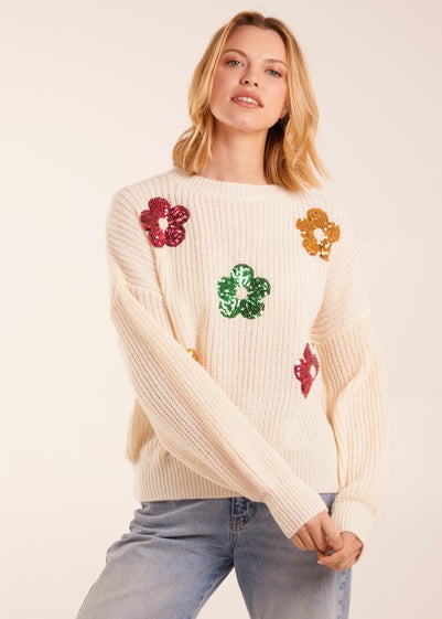 Blue Vanilla Ivory Sequin Daisy Flower Knitted Jumper