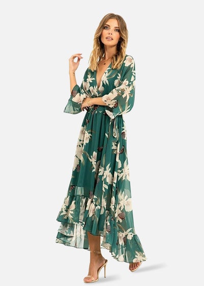 Yumi Floral Print Green Kimono Midi Wrap Dress