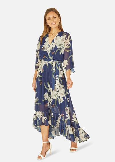 Yumi Floral Print Navy Kimono Midi Wrap Dress