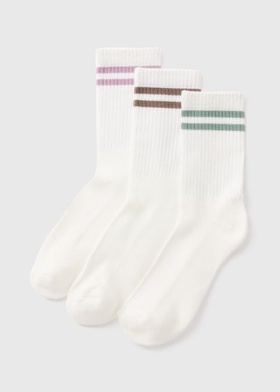 3 Pack Cream Stripe Sports Crew Socks