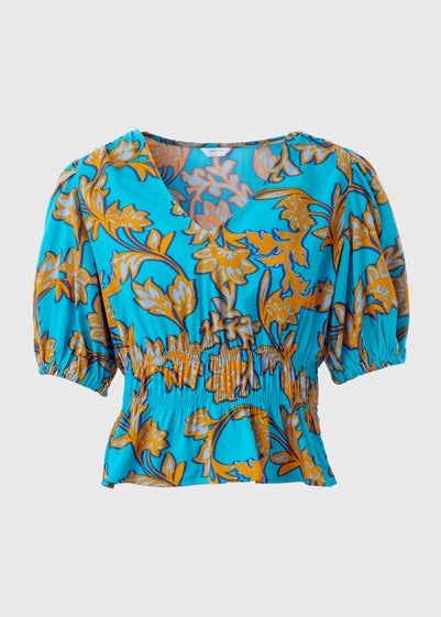 Turquoise Floral V-Neck Blouse