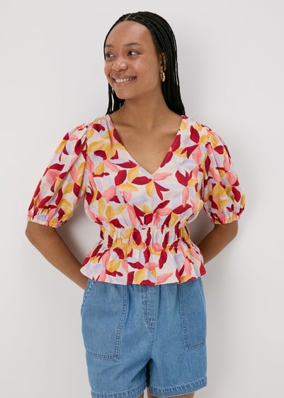 Multicolour Leaf Print V-Neck Blouse