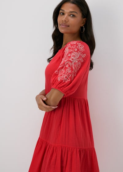 Red Embroidered Smock Tiered Mini Dress