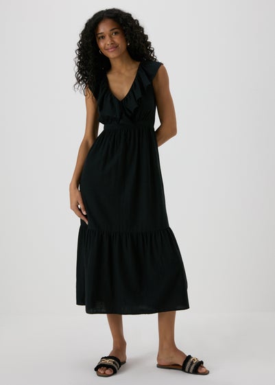 Black V-Neck Frill Midi Dress