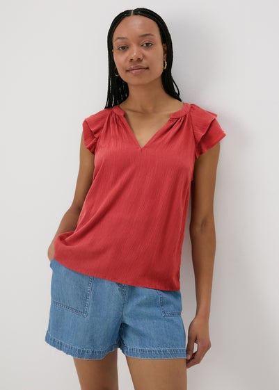 Red Ruffle Sleeve V-Neck Blouse