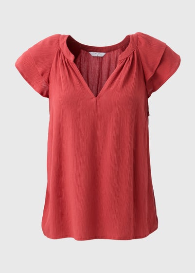 Red Ruffle Sleeve V-Neck Blouse