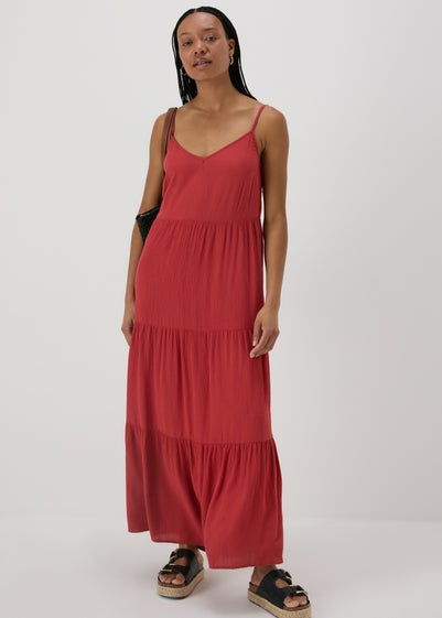 Red Crinkle Tiered Maxi Dress