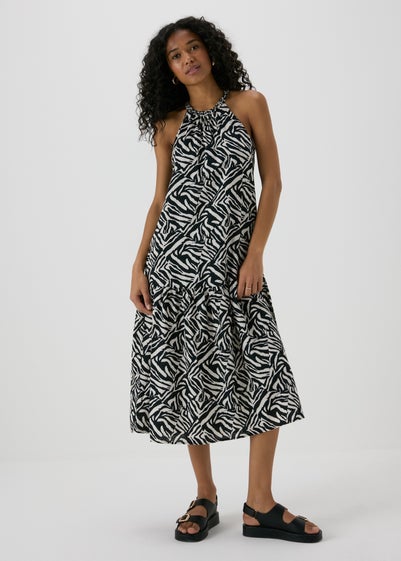 Black Animal Print Plaited Neck Midi Dress