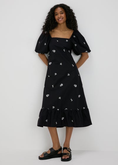 Black Floral Tie Back Midi Dress