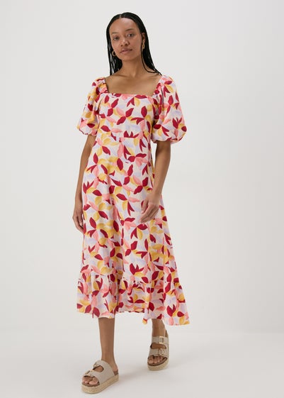 Multicolour Leaf Print Puff Sleeve Midi Dress