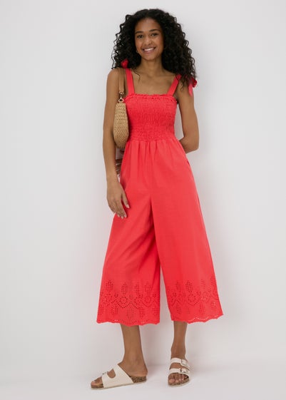 Red Embroidered Hem Jumpsuit