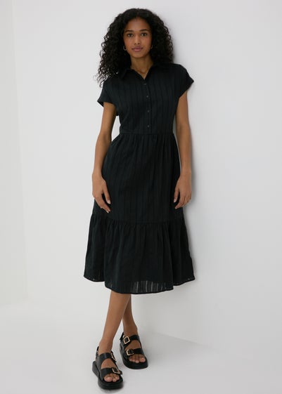 Black Dobby Stripe Shirt Midi Dress