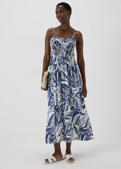 Blue Printed Shirred Midi Dress