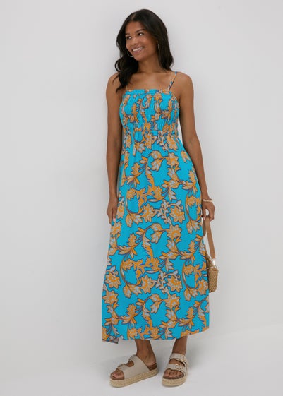 Turquoise Floral Shirred Midi Dress