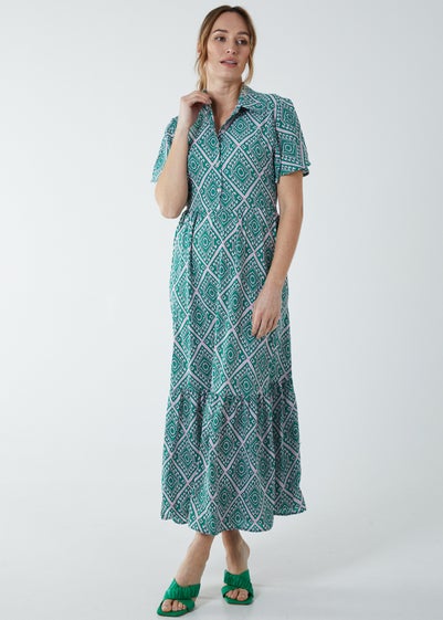 Blue Vanilla Green Diamond Print Angel Sleeve Maxi Dress