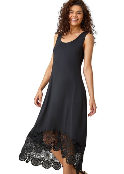 Roman Black Crochet Hem Stretch Midi Dress