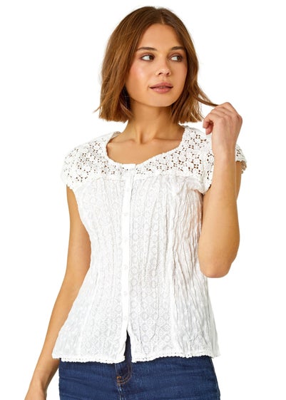 Roman White Lace Embroidered Crinkle Blouse Broderie Anglaise Cotton Top