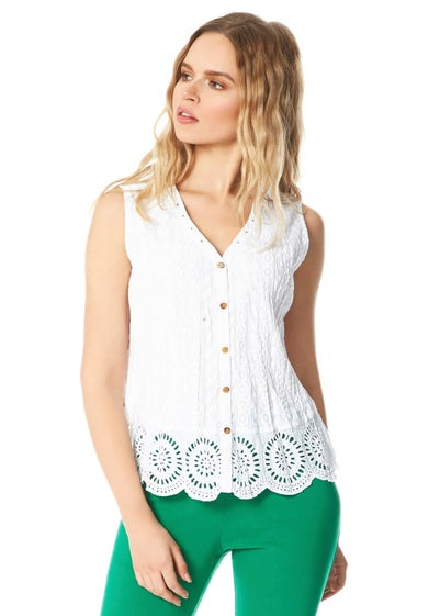 Roman White Eyelet Detail Embroidered Crinkle Blouse