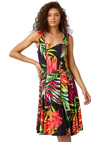 Roman Black Tropical Print Panel Dress