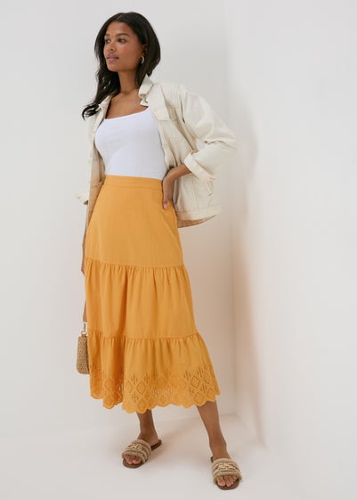 Papaya Orange Embroidered Hem Maxi Skirt