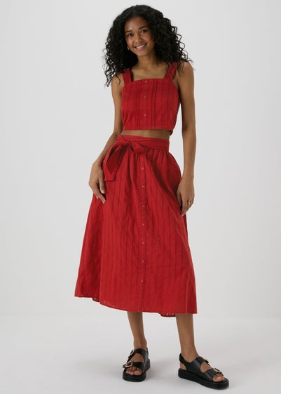 Red Button Front Dobby Midi Skirt