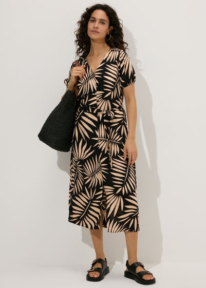 Black Leaf Print Midi Dress